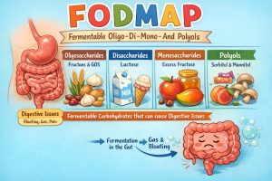  رسم بياني تعليمي ملون يشرح مفهوم FODMAPs، وهي مجموعة من الكربوهيدرات التي قد تسبب اضطرابات هضمية
